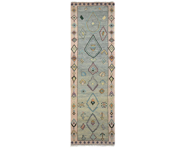13 Feet Moroccan Green Hand Woven Wool Runner Rug
